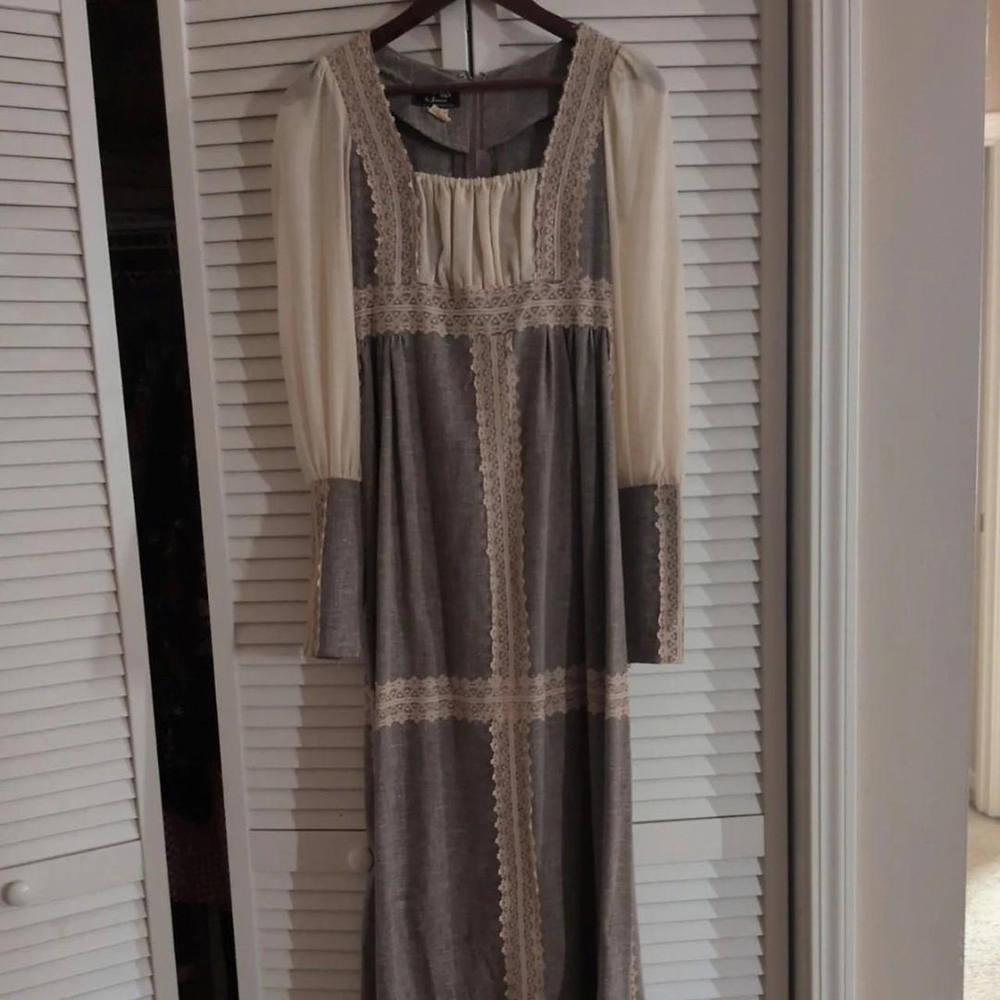 Gunne Sax Cream and Gray Lace-Trim Maxi Dress